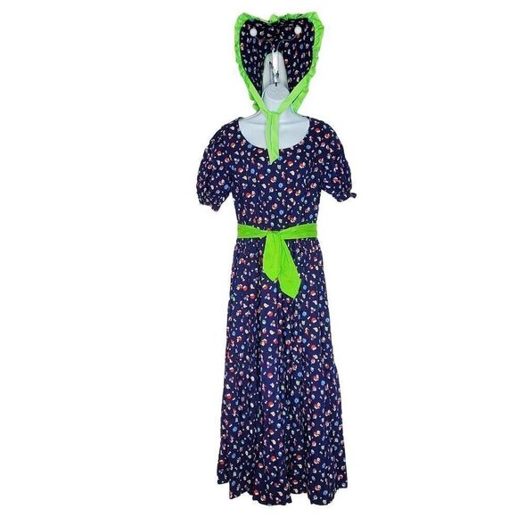 Vintage Handmade Floral Prairie Dress Bonnet Short Sleeve Navy Blue Sz L/XL - Picture 1 of 5